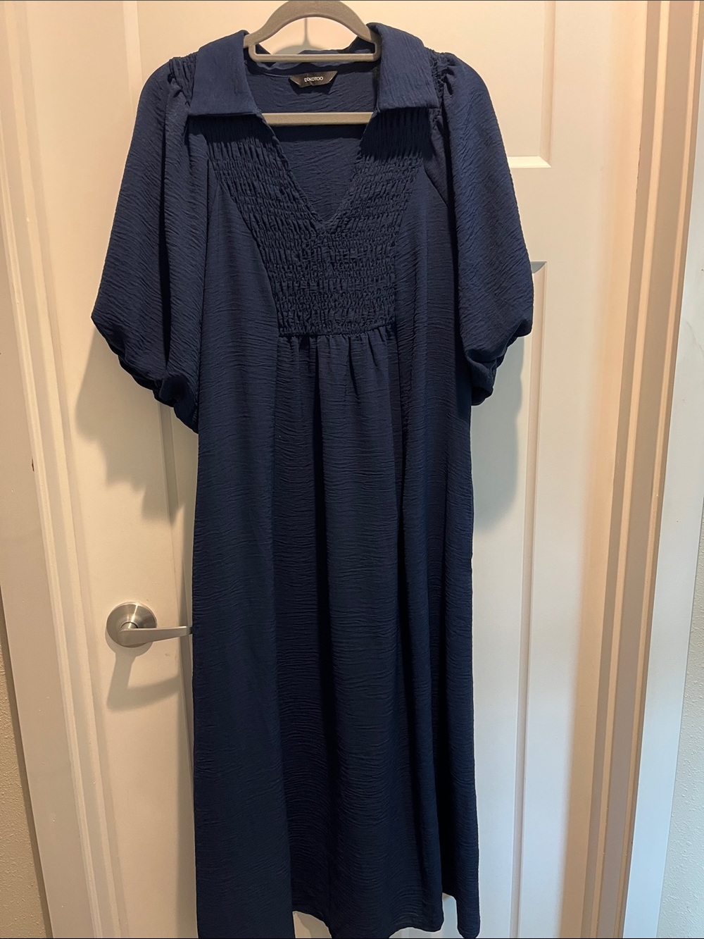 Textured Navy Maxi Dress with Smocked V-Neck